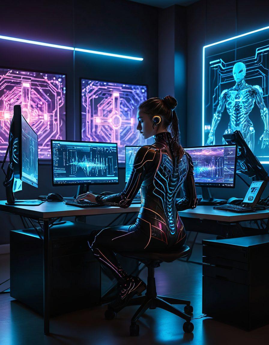 An elegantly dressed person sitting at a modern computer desk in a dimly lit room, with the glow of multiple screens displaying a variety of webs. The backdrop includes subtle tech elements like circuit lines blending with soft, sensual colors and abstract, artistic representations of connectivity. cyberpunk. vibrant colors. white background.