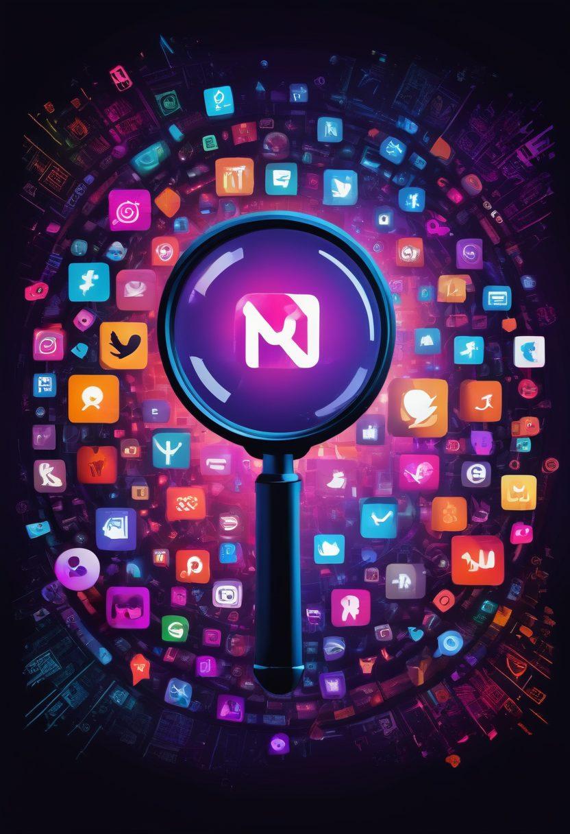 An intricate digital playground featuring contrasting elements of light and dark, showing both positive and negative impacts of NSFW content on the internet. Highlighted with symbolic icons like a magnifying glass for scrutiny, chained social media logos, and fragmented screens. Background includes a blend of vibrant and ominous hues. Vector art. vibrant colors.